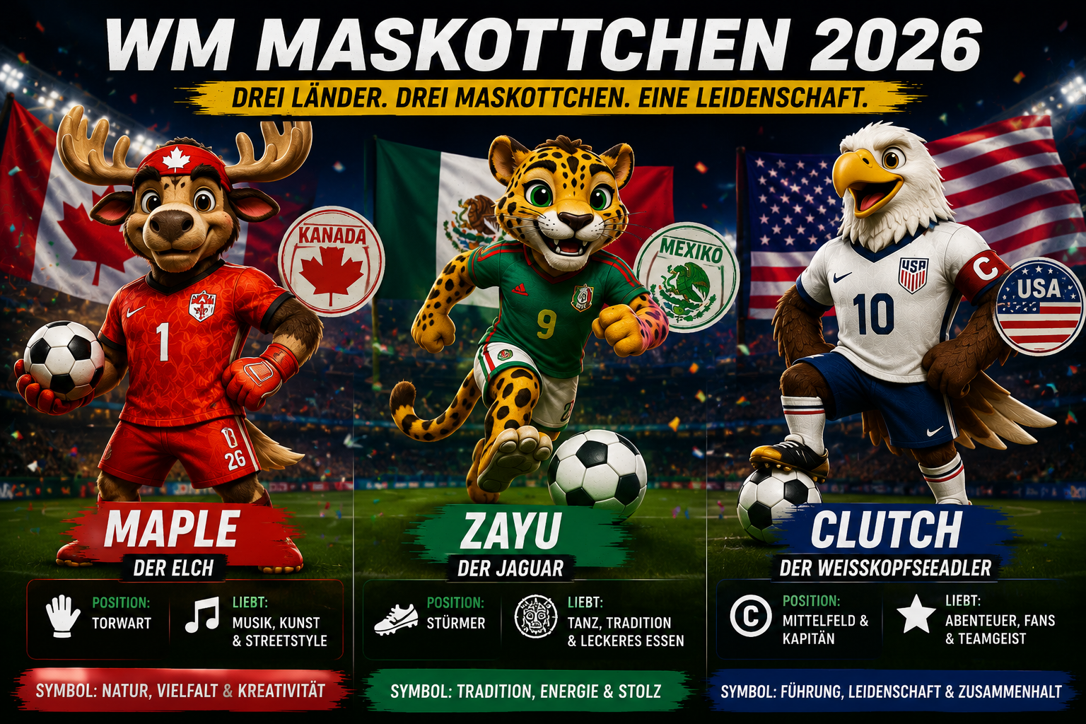 WM Maskottchen 2026: Maple, Zayu und Clutch im Porträt